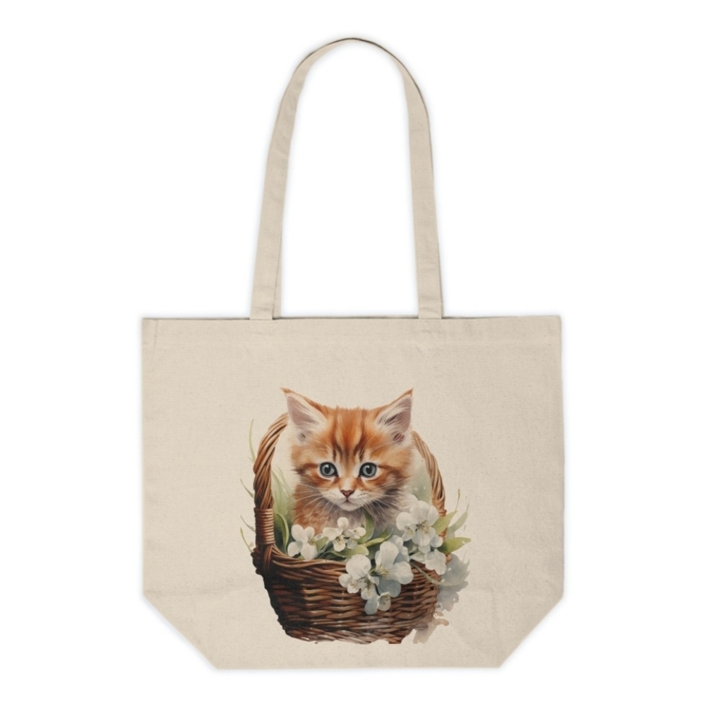 Floral Cat in a Basket Custom Canvas Tote Bag